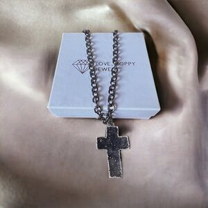 Love , Poppy Jewels Druzy Cross Gunmetal 16” Chain with 2” extender NEW E Girl